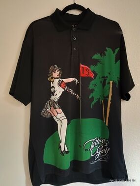 Tattoo Golf Men's Black Graphic Polo with Green Print